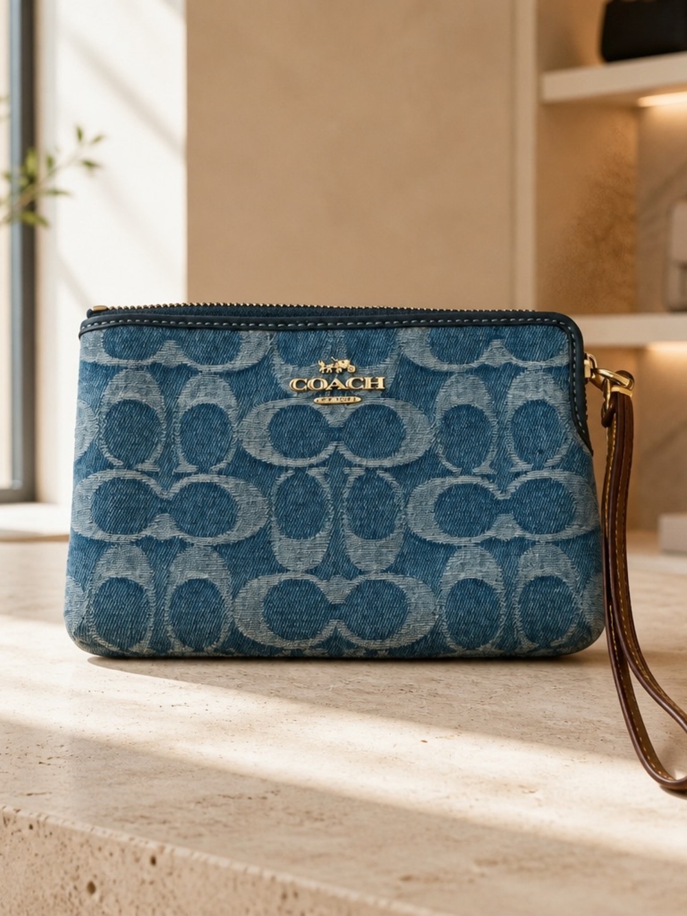 Authentic COACH Corner Zip Wristlet In Signature Denim Indigo Gold - Denim